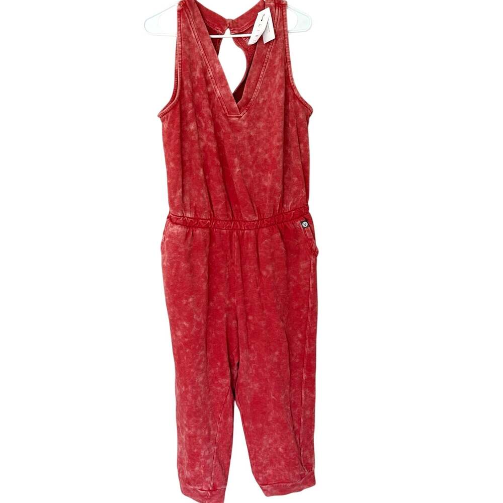 Lane Bryant LIVI Women's Red Tie Dye V-Neck Sleeveless Jumpsuit Sz 14/16 Pockets